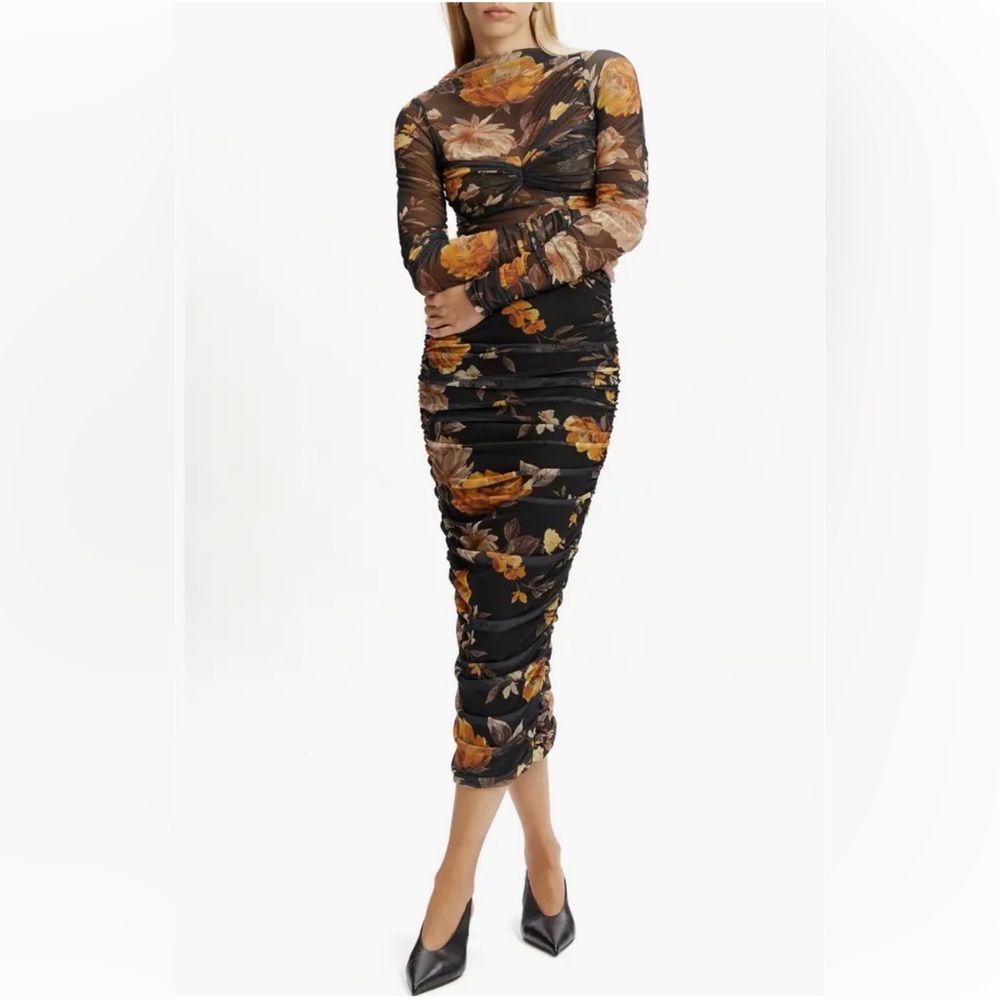 Bardot Black and Orange Floral Mesh Long Sleeve Dress